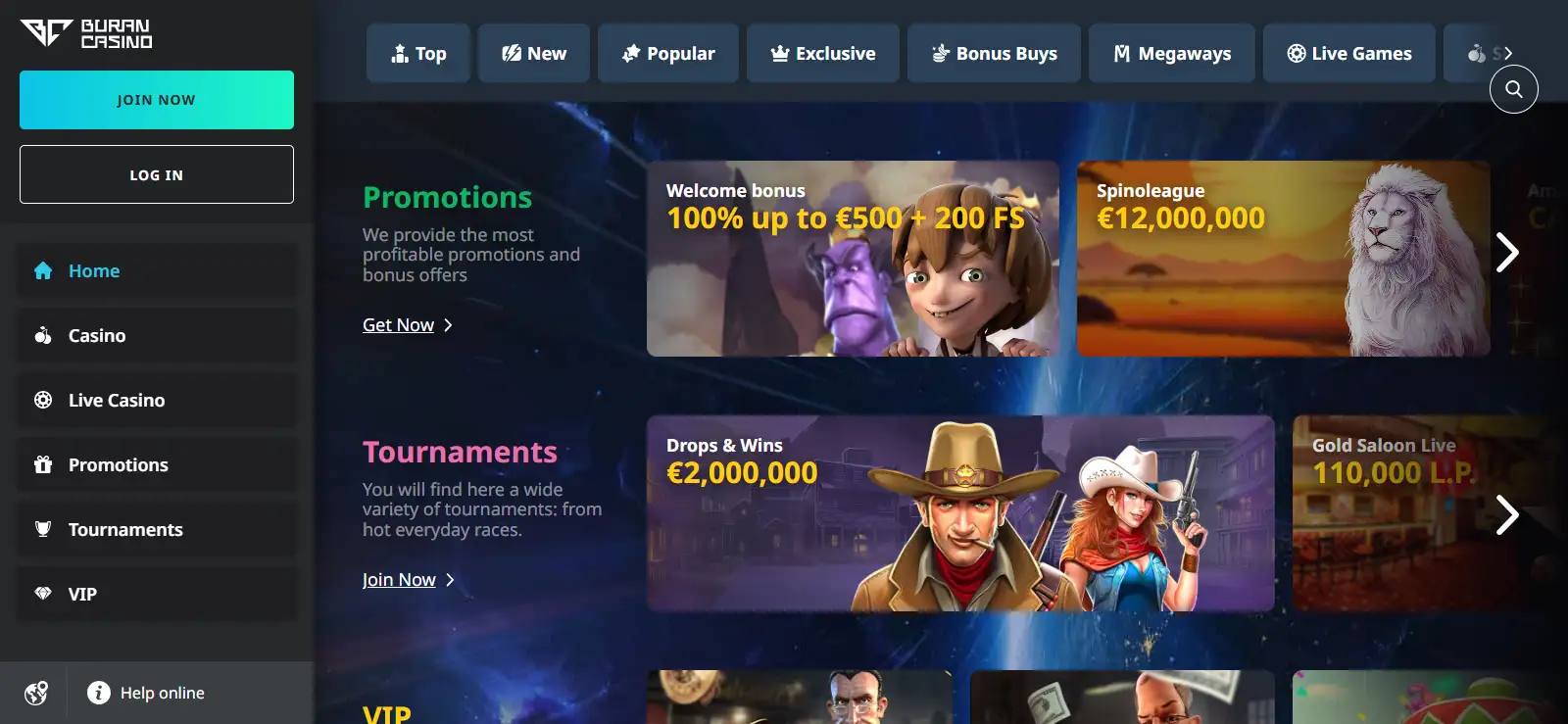 BuranCasino homepage showing the brand header and casino categories