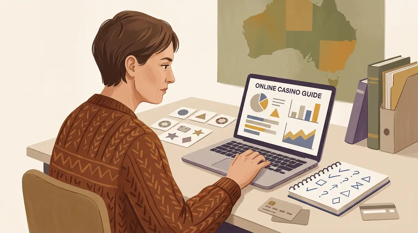Editorial illustration of an Australian reader comparing casino terms, payments and game categories