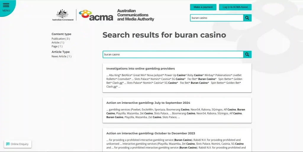 ACMA page showing Buran Casino in an Australian gambling enforcement record