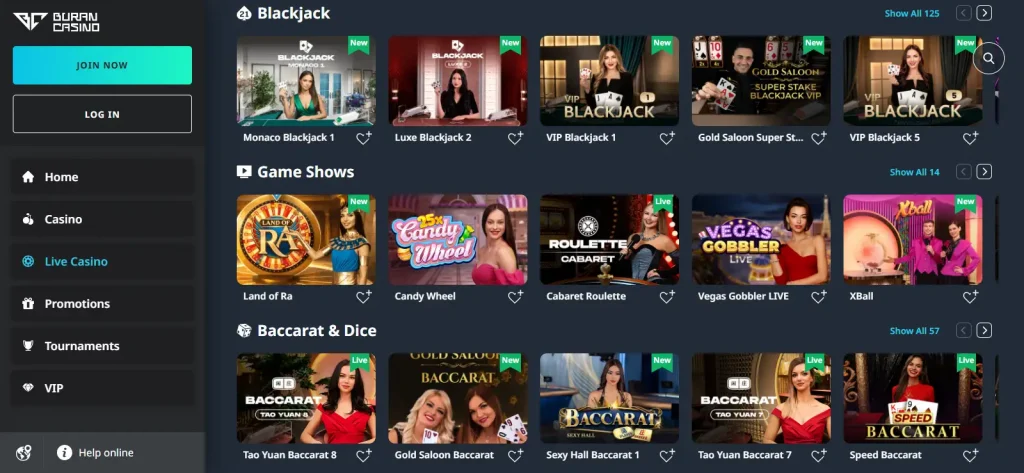 BuranCasino live casino lobby showing roulette, blackjack and live table categories