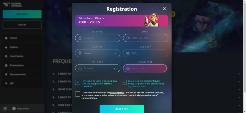 BuranCasino official registration guidance shown on the current FAQ page
