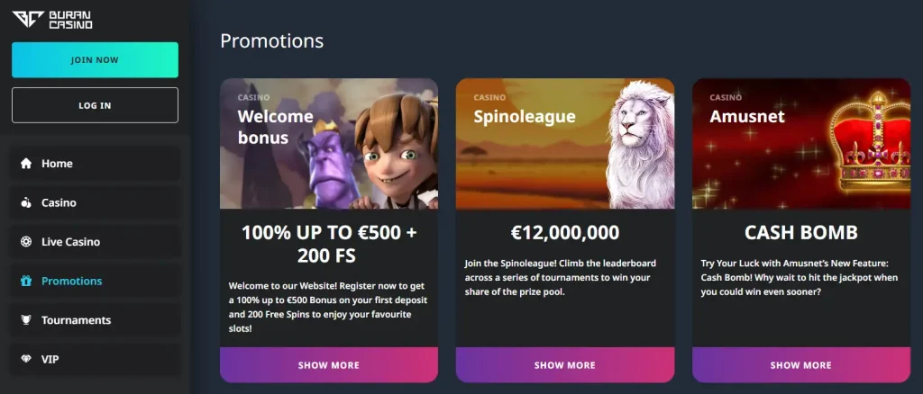 BuranCasino promotions page showing current bonus families