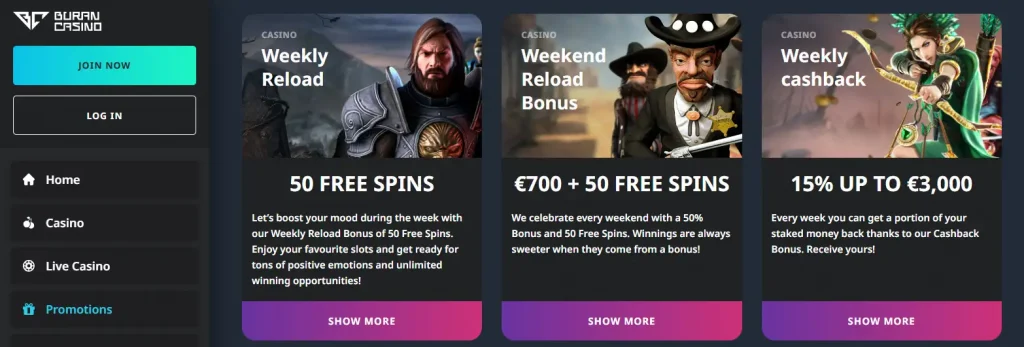 BuranCasino promotions page showing reload and cashback offers