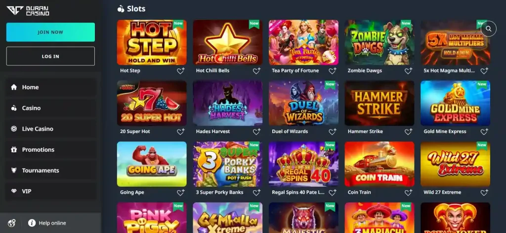 BuranCasino slots lobby showing game categories and provider filters