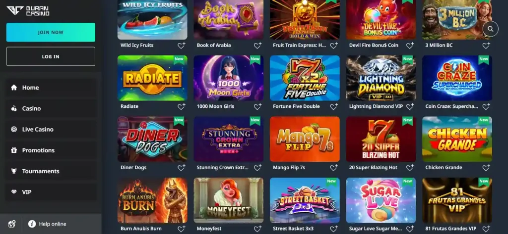 BuranCasino slots lobby with provider filters visible
