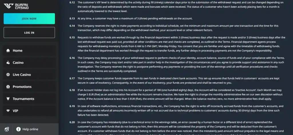 BuranCasino terms showing AUD withdrawal limits and withdrawal processing rules