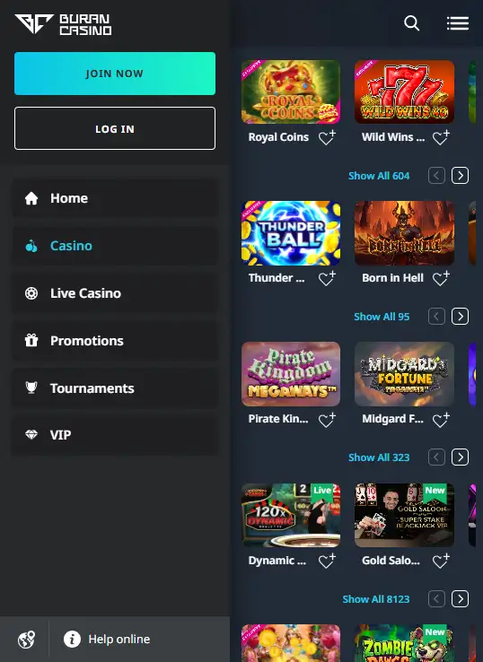 BuranCasino website shown in a mobile browser viewport