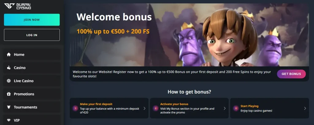 BuranCasino welcome bonus page showing AUD values and 200 free spins