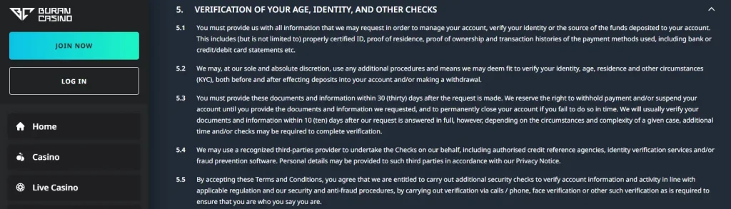 Current BuranCasino Terms section describing identity and account verification requirements
