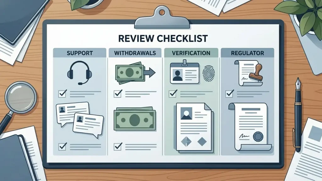 Neutral editorial checklist comparing review claims with withdrawal, support and regulator evidence